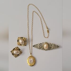 Vintage Set Avon Locket Necklace Earrings Brooch Pearls Gold Tone Estate Jewelry